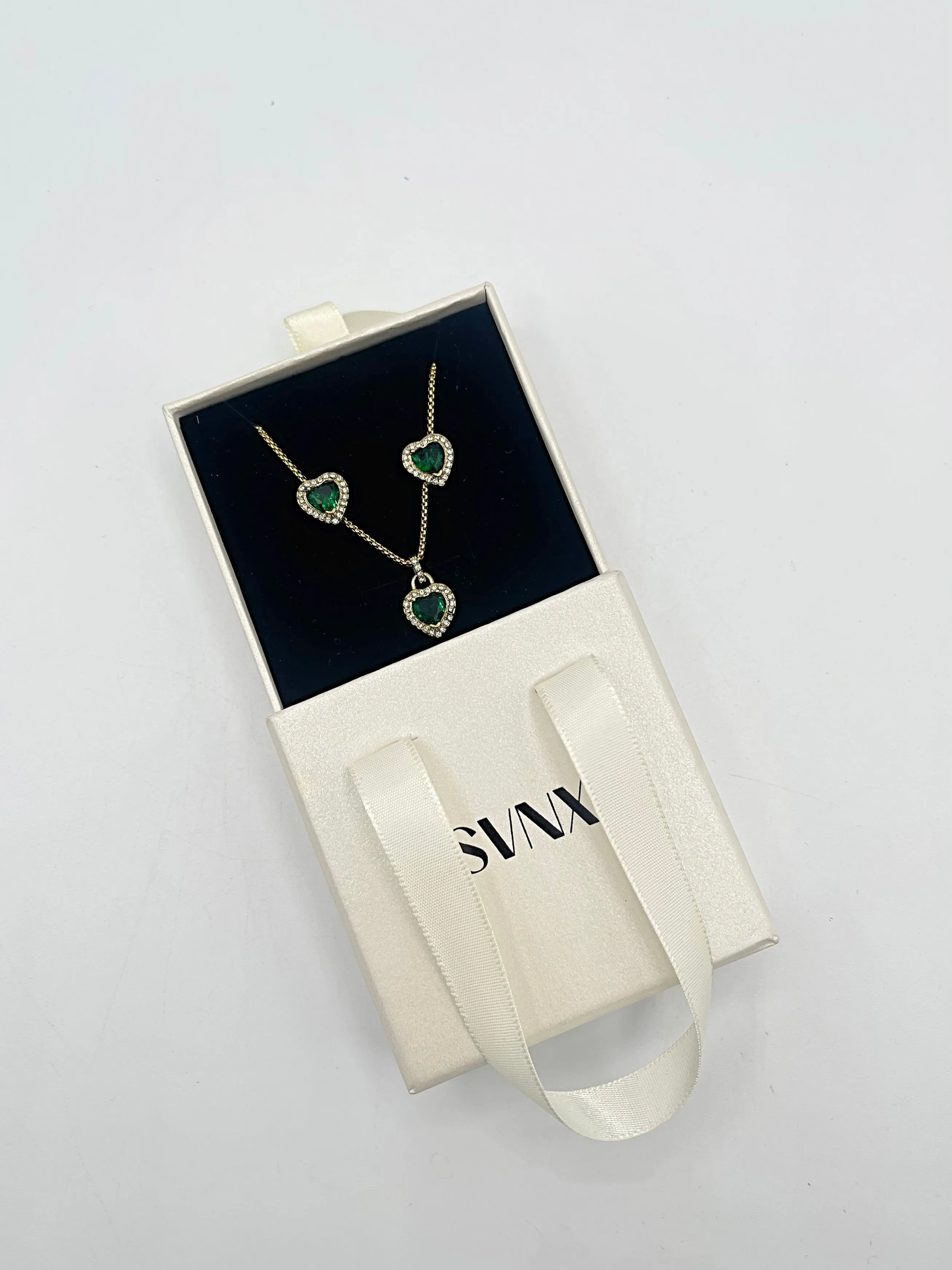 Emerald Green Diamante Heart Necklace And Earrings Set In Gold by SVNX sold by Goddiva product image thumbnail 3