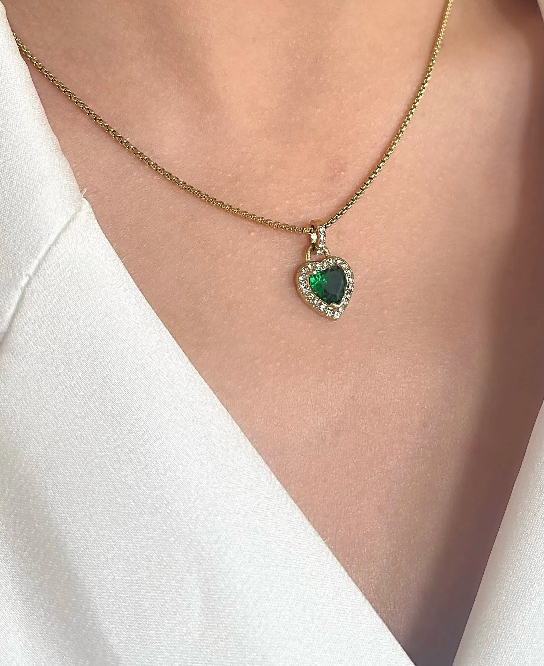 Emerald Green Diamante Heart Necklace And Earrings Set In Gold by SVNX sold by Goddiva product image thumbnail 4