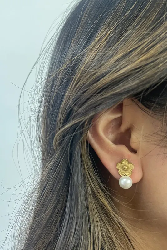 Floral Pearl Stud Earrings In Gold by SVNX sold by Goddiva