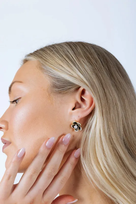 Black Flower Pearl Earrings In Gold by SVNX sold by Goddiva