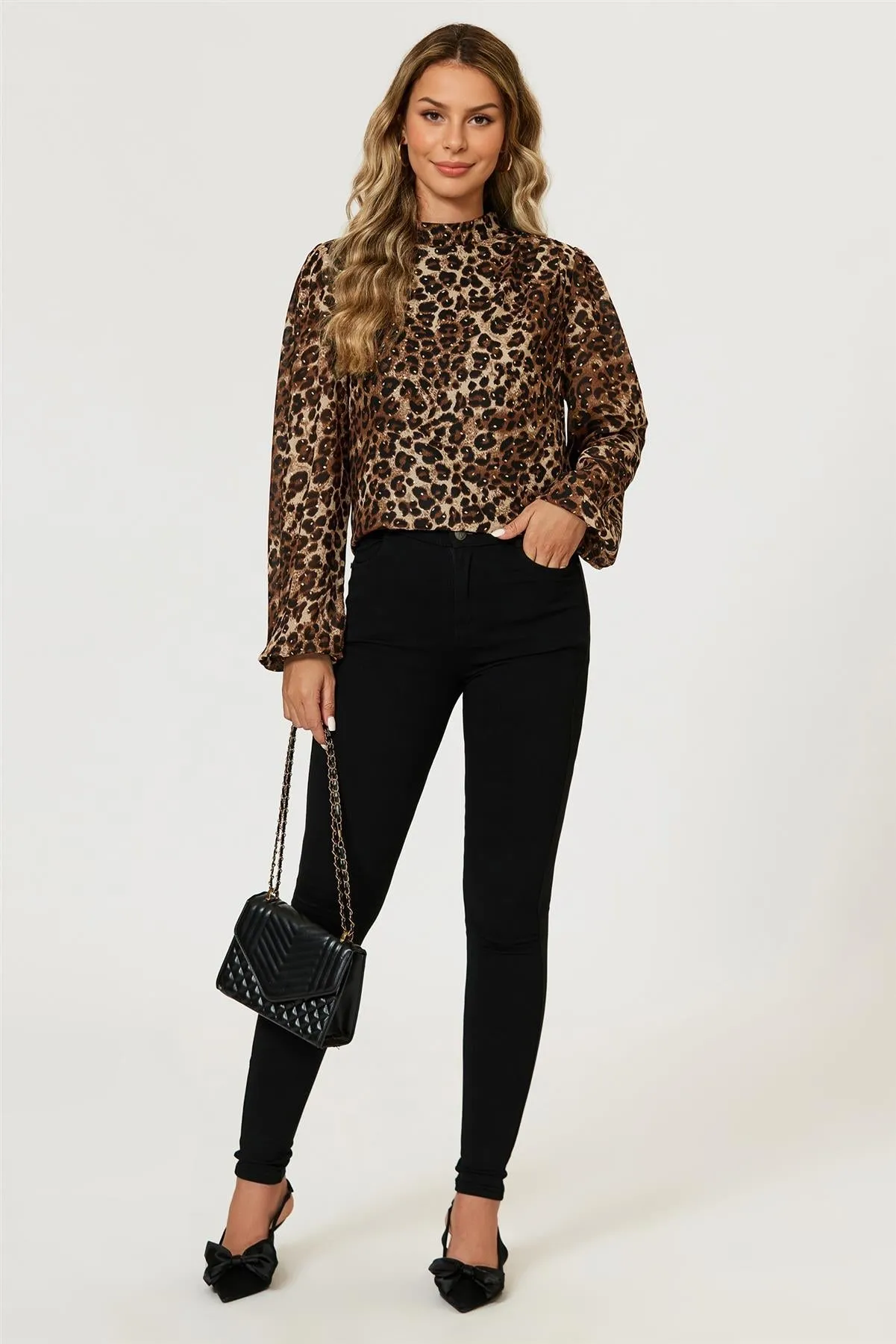 Leopard Print Foil Long Sleeve High Neck Top In Brown by FS Collection sold by Goddiva product image thumbnail 5