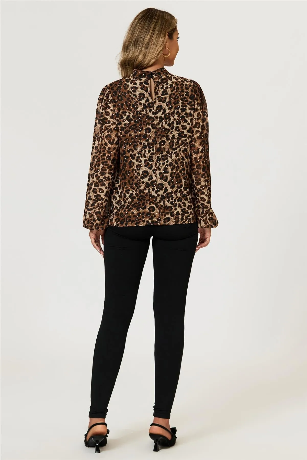 Leopard Print Foil Long Sleeve High Neck Top In Brown by FS Collection sold by Goddiva product image thumbnail 3