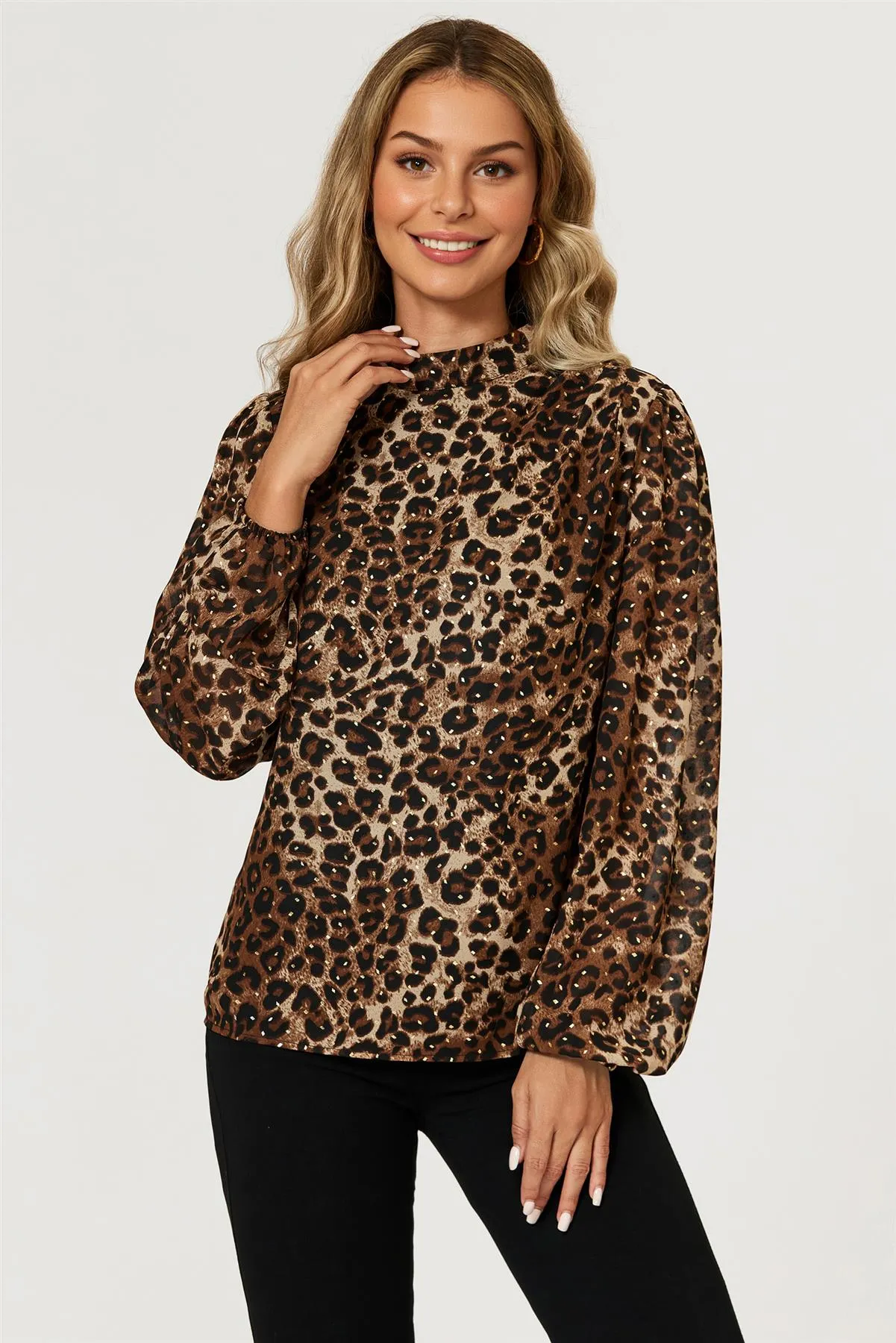 Leopard Print Foil Long Sleeve High Neck Top In Brown by FS Collection sold by Goddiva product image thumbnail 4