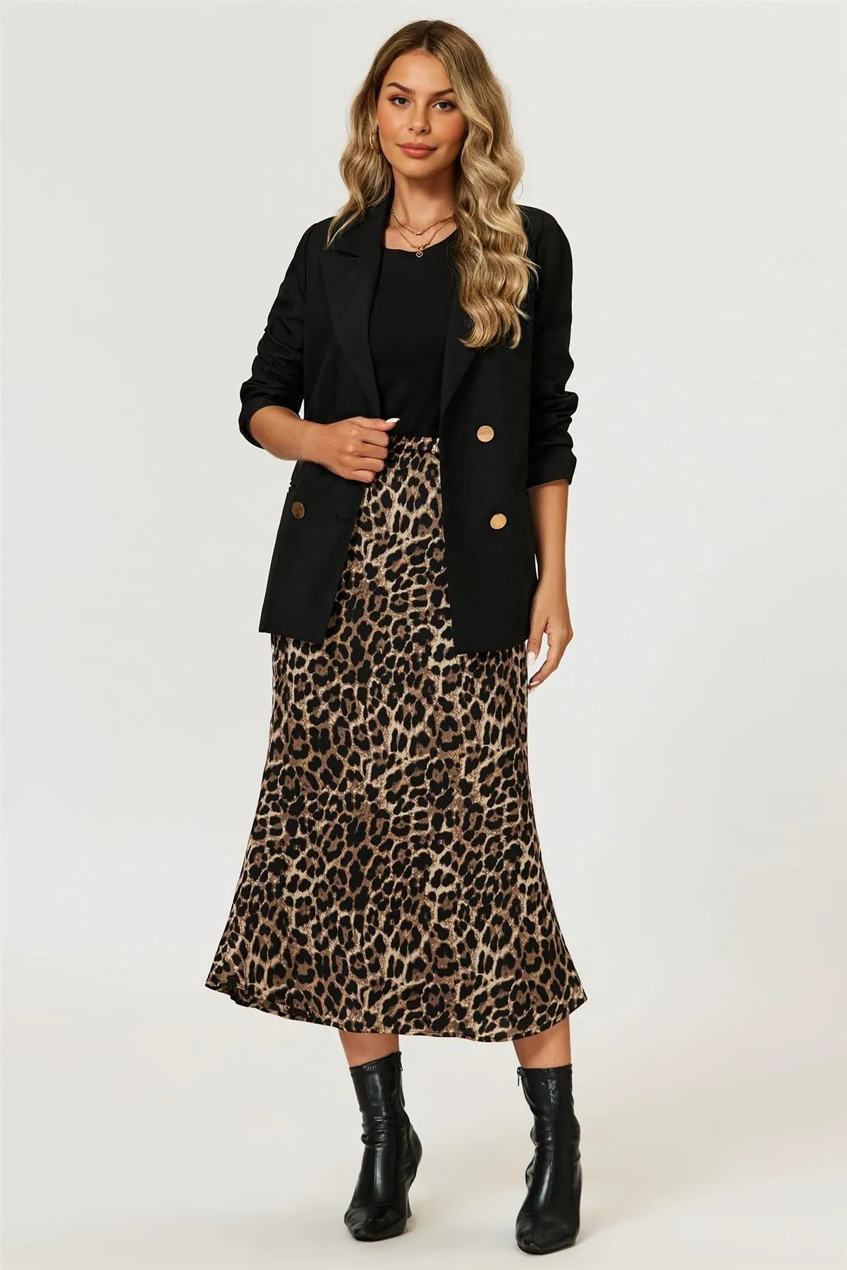 Leopard Print Satin Midi Skirt In Brown by FS Collection sold by Goddiva product image thumbnail 2