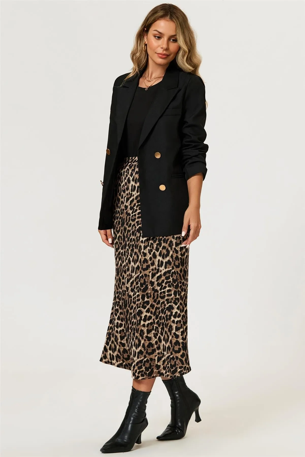 Leopard Print Satin Midi Skirt In Brown by FS Collection sold by Goddiva product image thumbnail 3