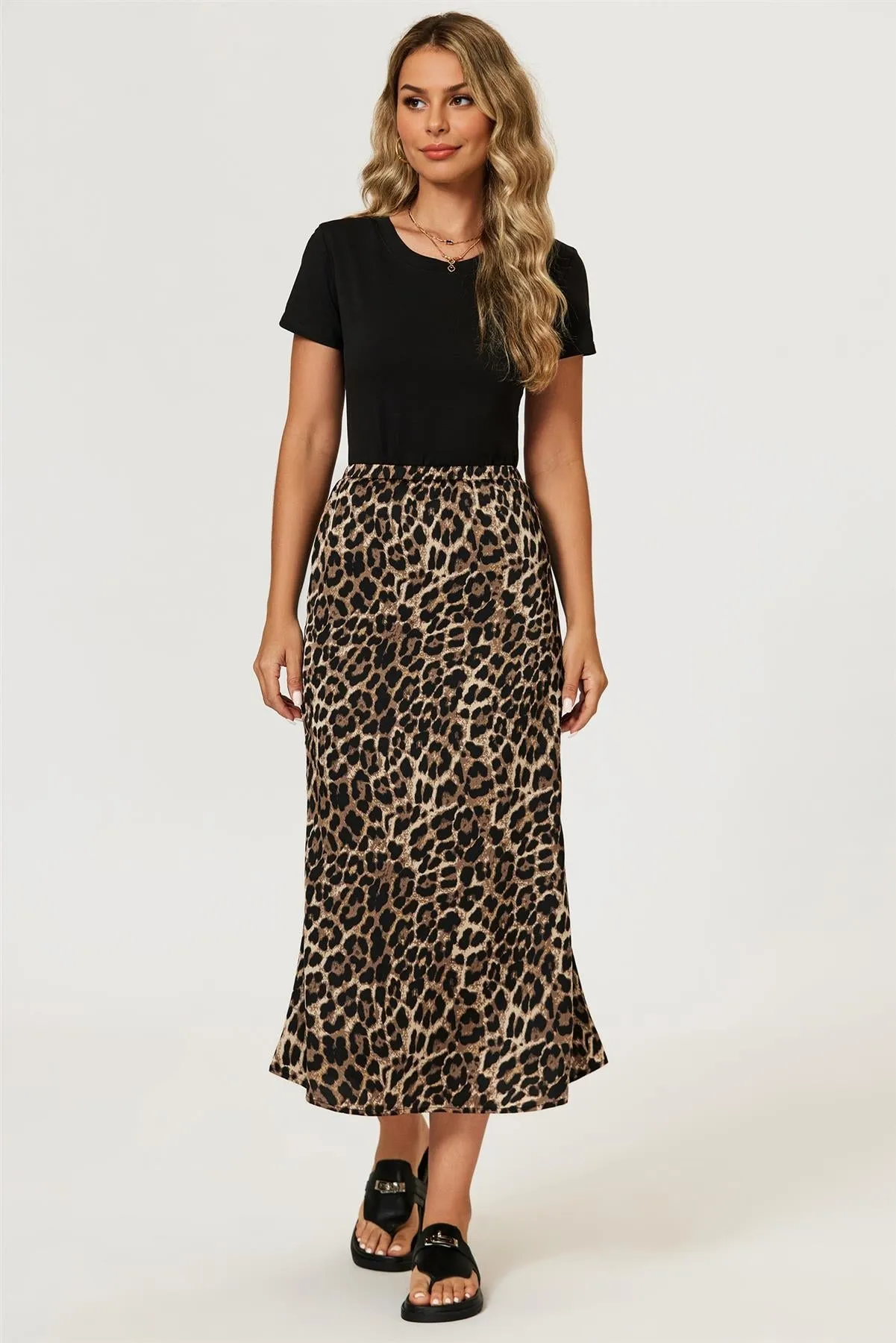Leopard Print Satin Midi Skirt In Brown by FS Collection sold by Goddiva product image thumbnail 5