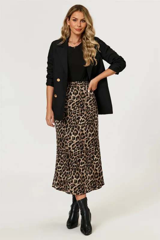 Leopard Print Satin Midi Skirt In Brown by FS Collection sold by Goddiva