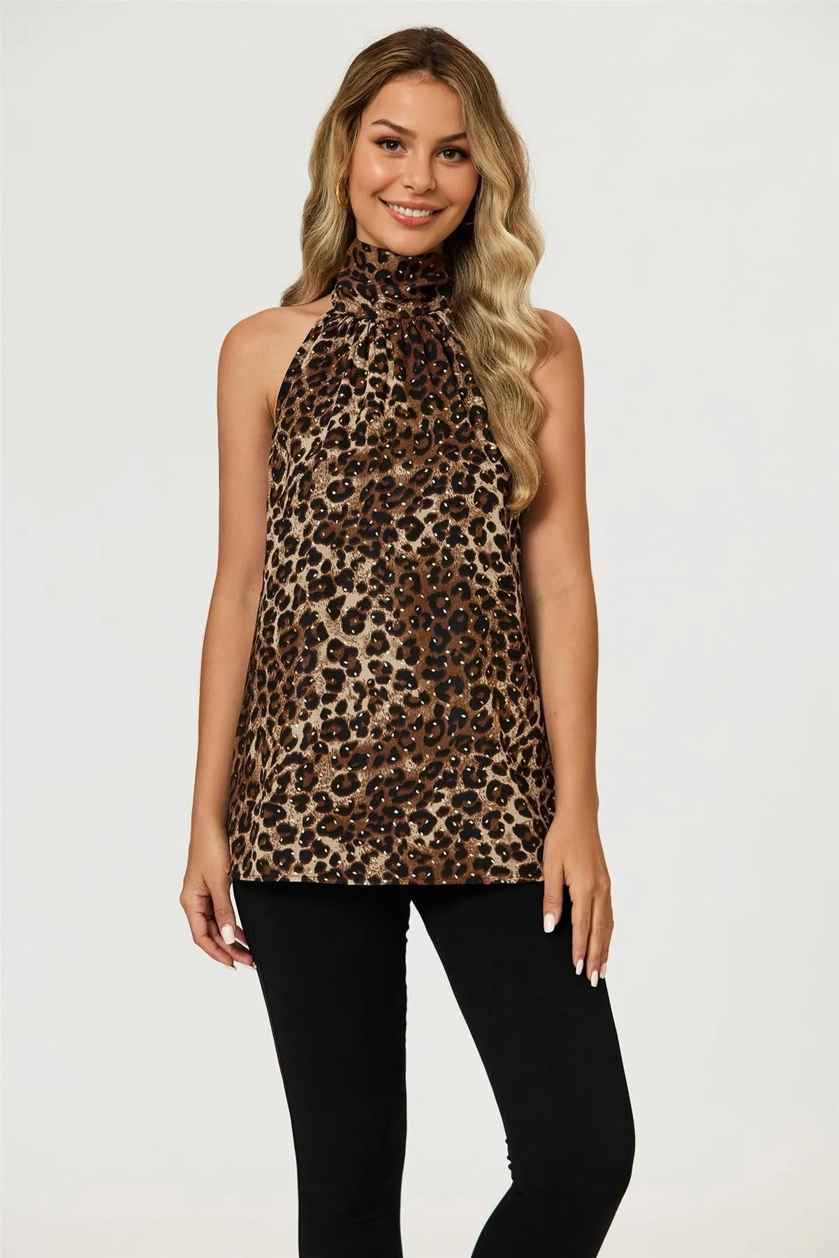 Leopard Print Foil Halter Neck Tie Back Top In Brown by FS Collection sold by Goddiva product image thumbnail 4