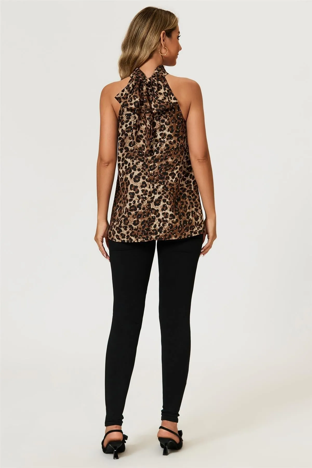Leopard Print Foil Halter Neck Tie Back Top In Brown by FS Collection sold by Goddiva product image thumbnail 2