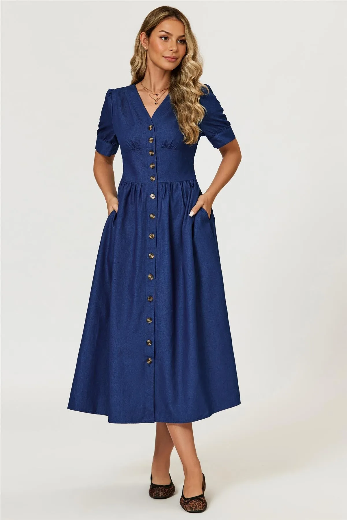 Denim Midi Dress In Blue by FS Collection sold by Goddiva