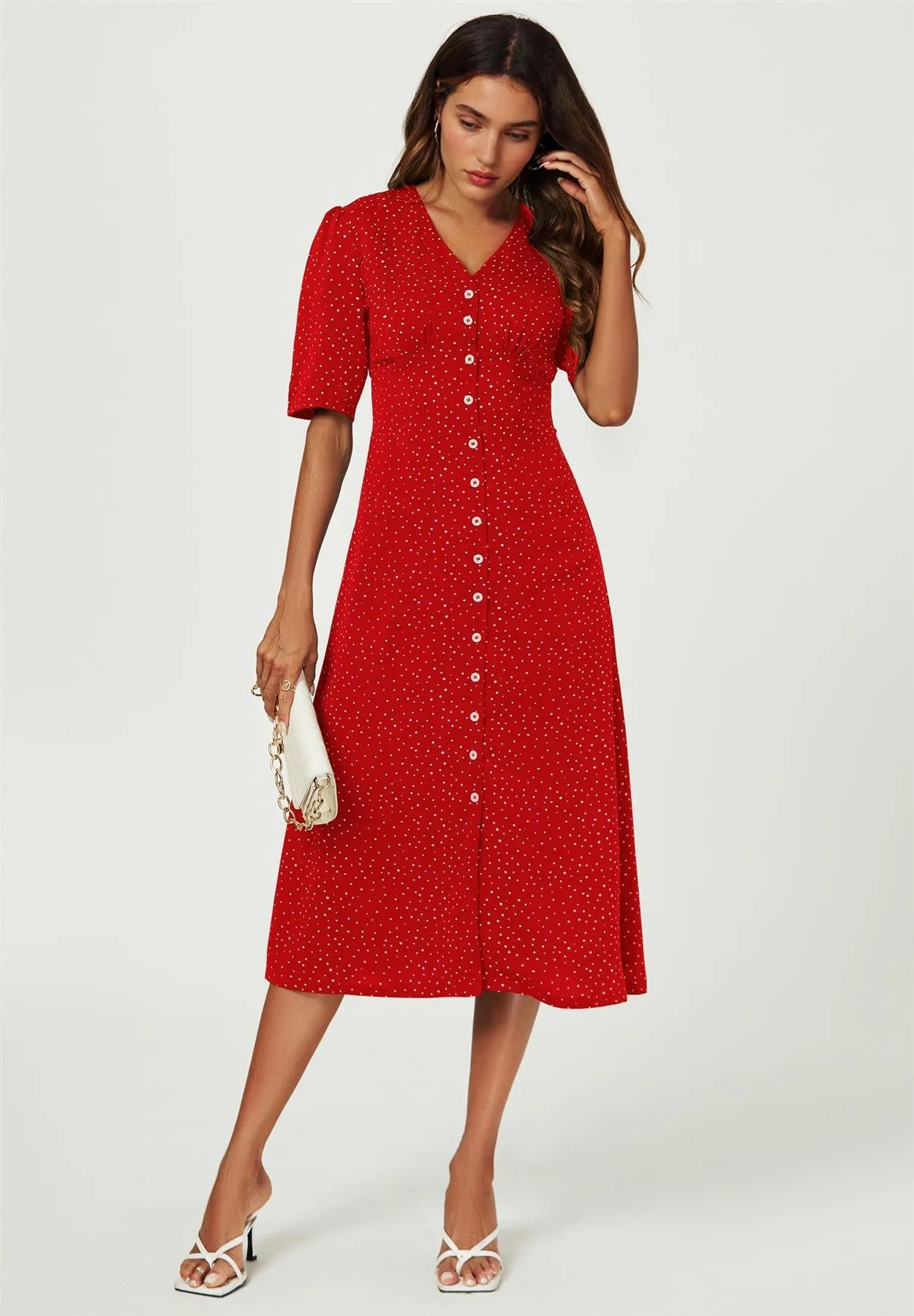 Dot Print Button Front Midi Dress In Red by FS Collection sold by Goddiva product image thumbnail 4