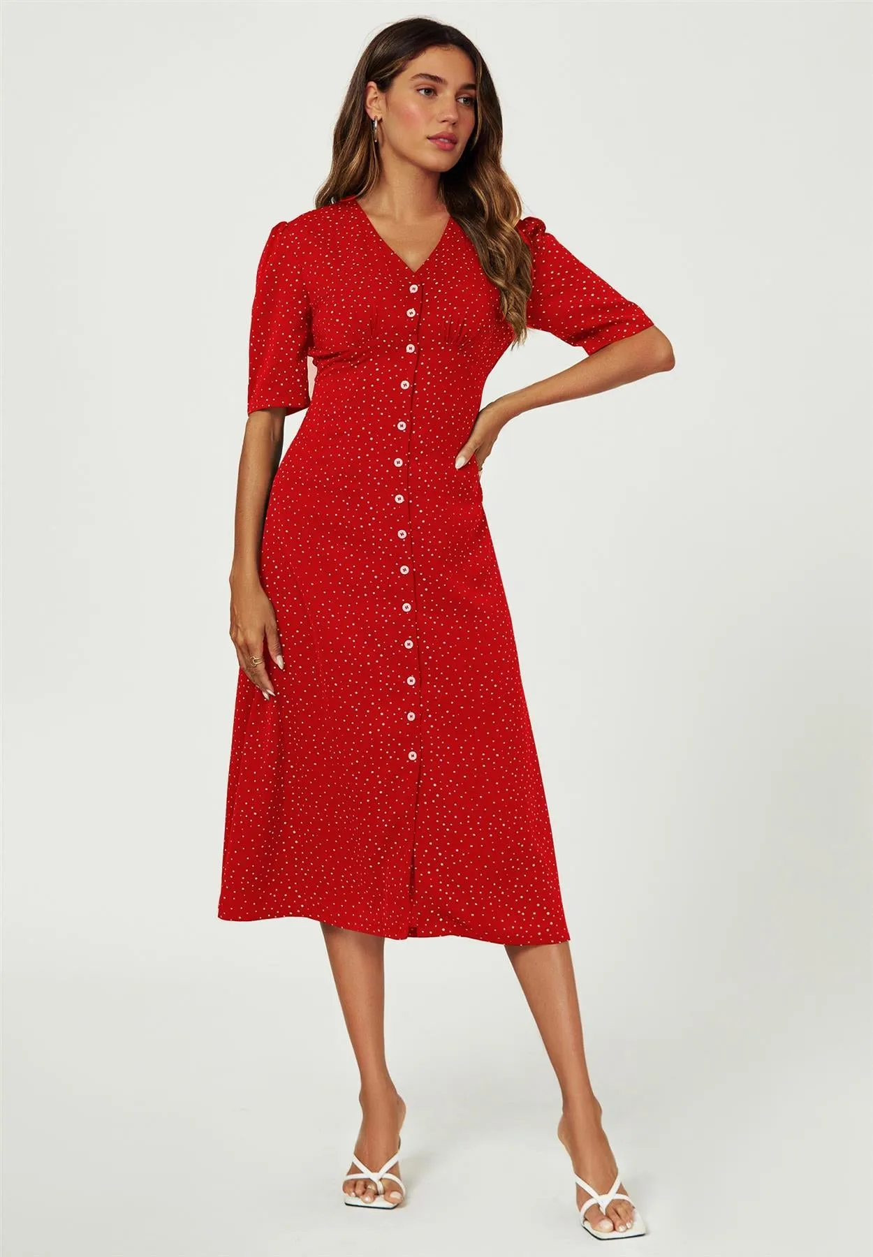 Dot Print Button Front Midi Dress In Red by FS Collection sold by Goddiva