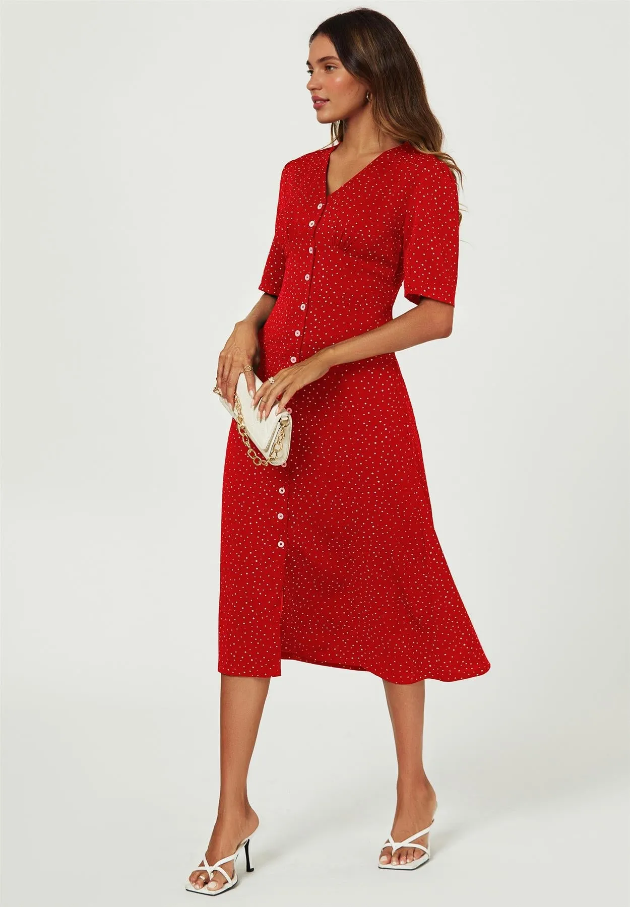 Dot Print Button Front Midi Dress In Red by FS Collection sold by Goddiva product image thumbnail 5
