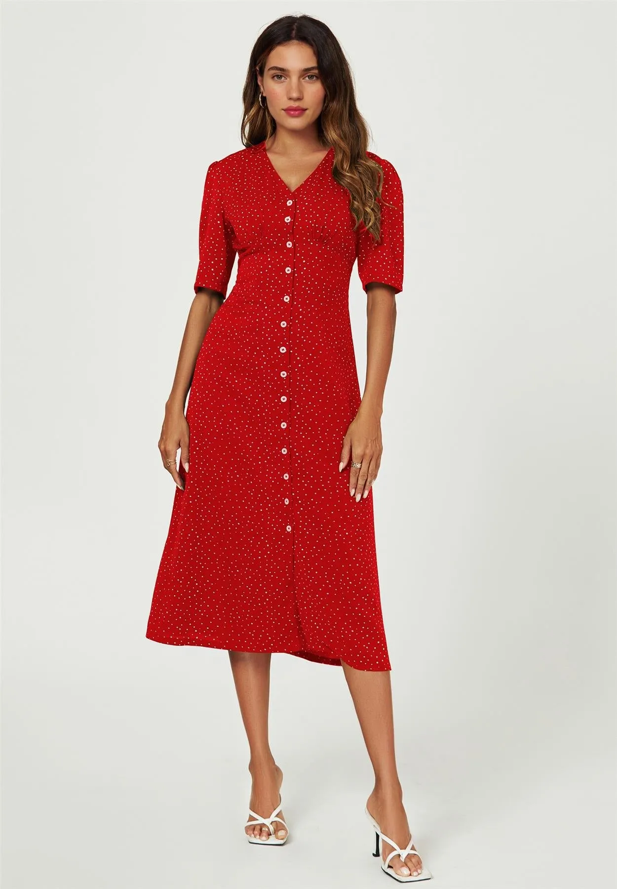 Dot Print Button Front Midi Dress In Red by FS Collection sold by Goddiva product image thumbnail 2