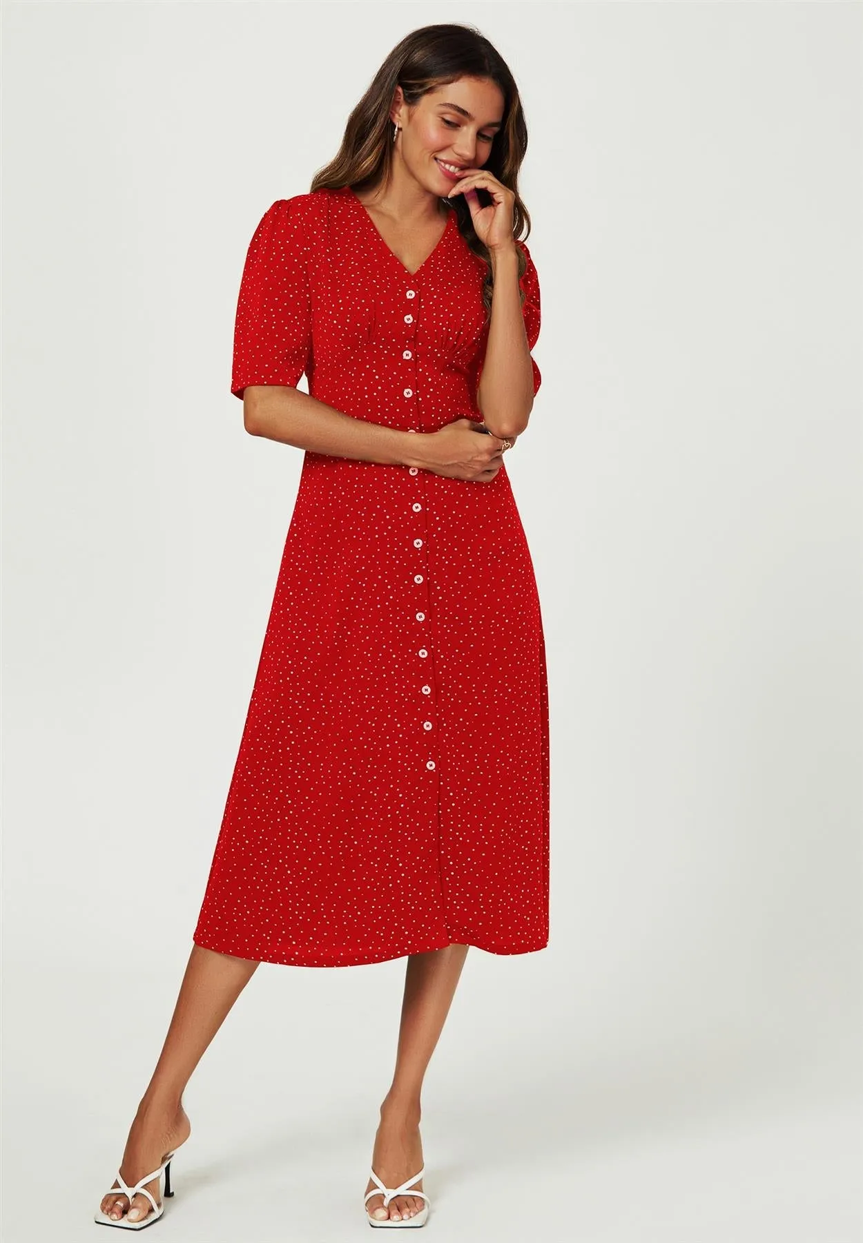 Dot Print Button Front Midi Dress In Red by FS Collection sold by Goddiva product image thumbnail 3