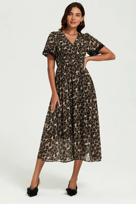 Leopard Print Lace Trim On Sleeve Midi Dress In Brown by FS Collection sold by Goddiva