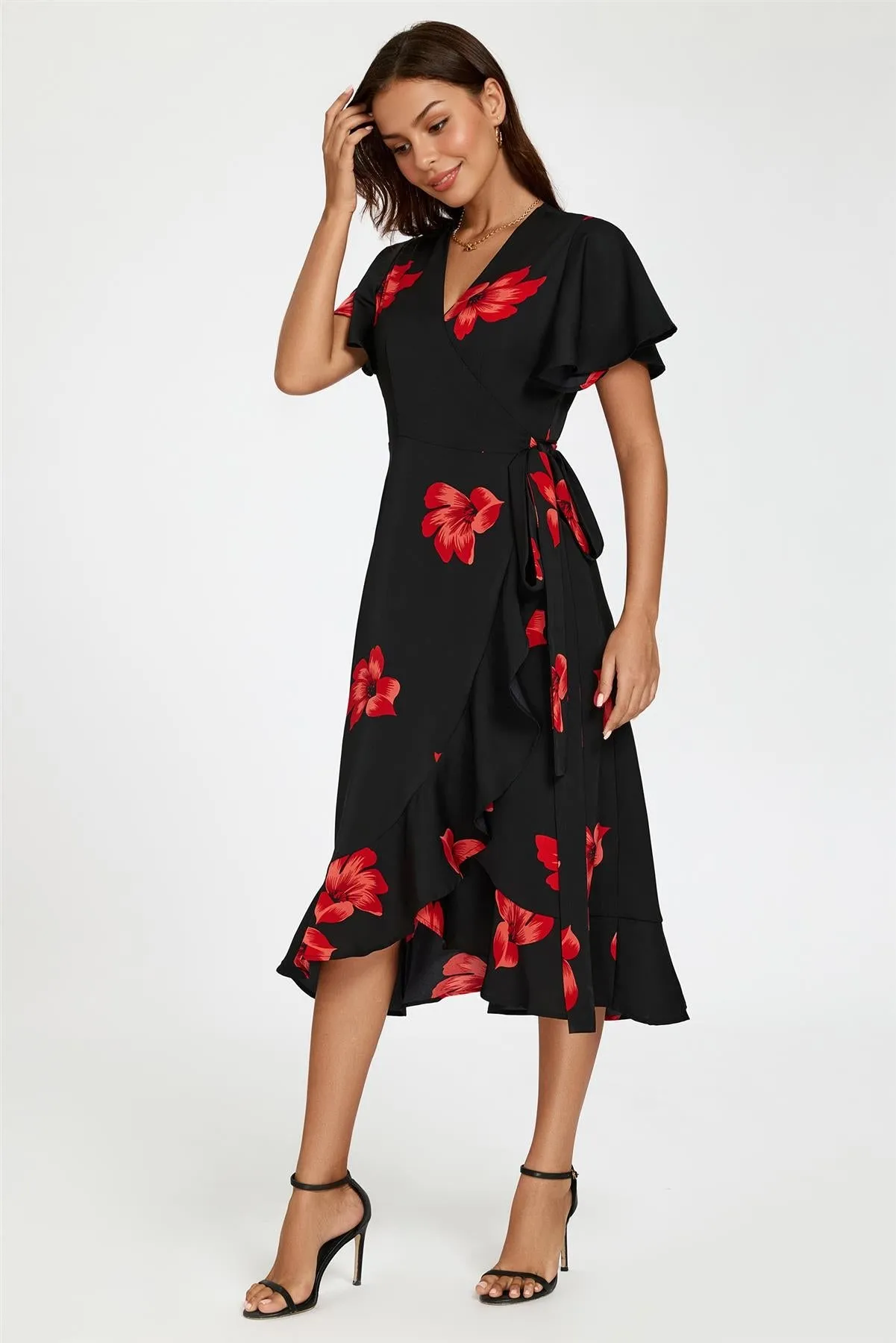 Floral Print Angel Sleeve Wrap Dress In Black by FS Collection sold by Goddiva product image thumbnail 5