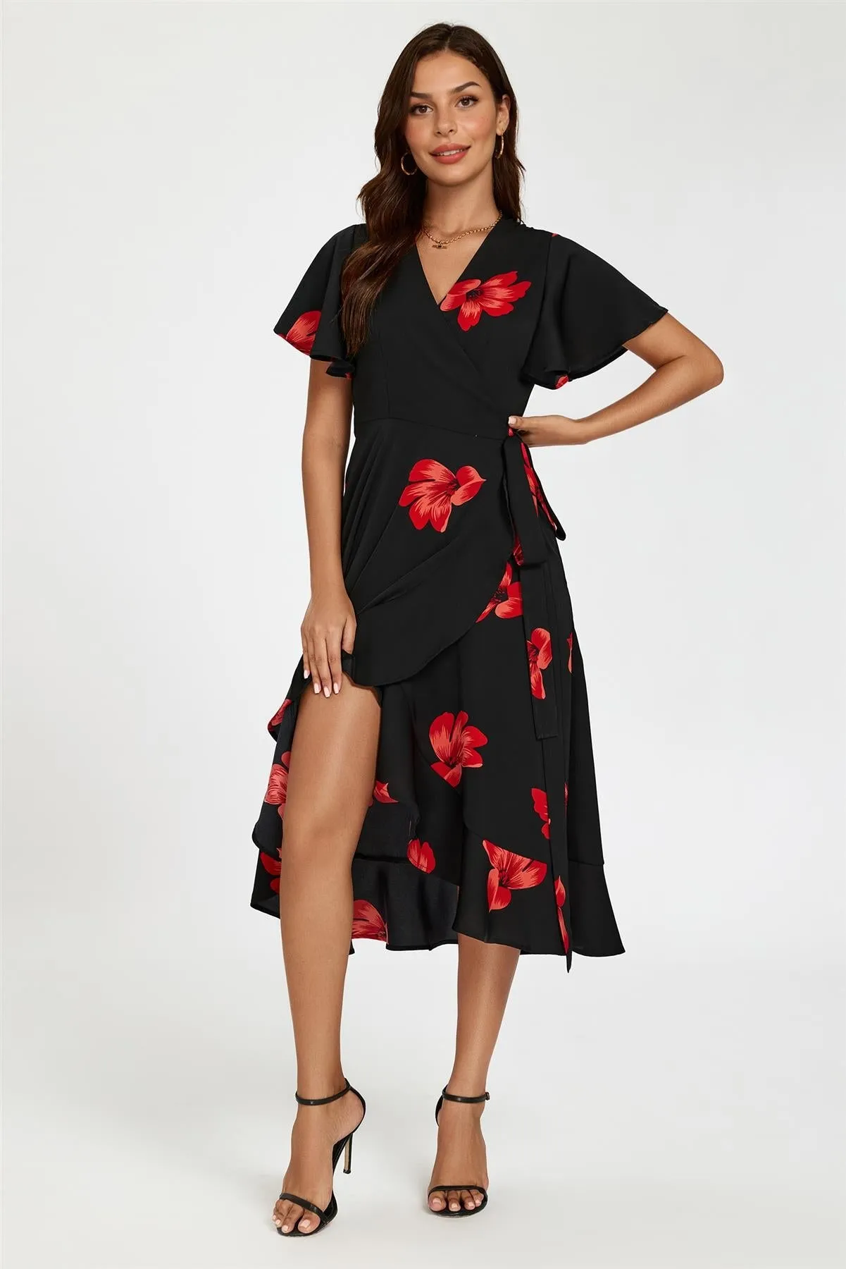 Floral Print Angel Sleeve Wrap Dress In Black by FS Collection sold by Goddiva product image thumbnail 2