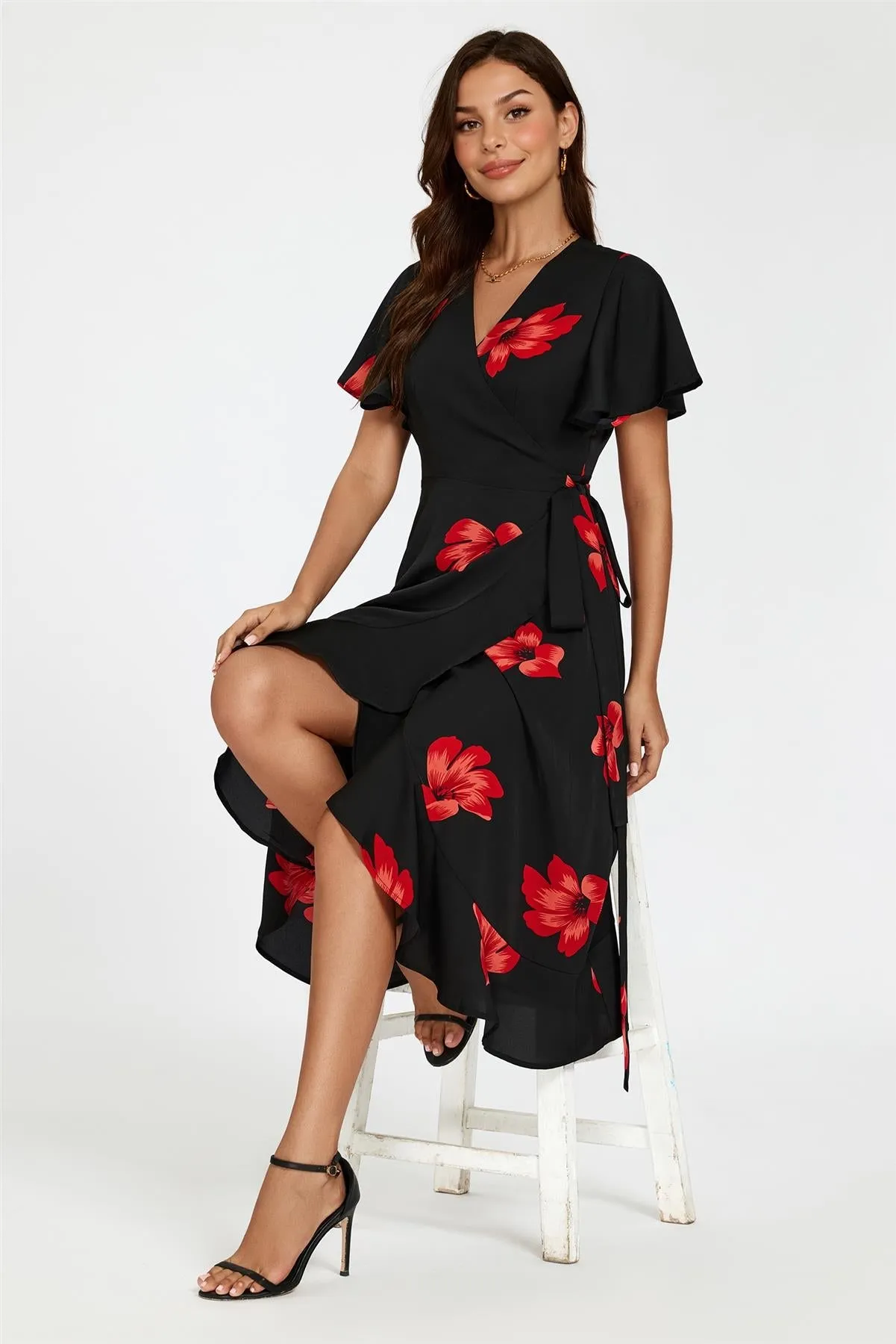 Floral Print Angel Sleeve Wrap Dress In Black by FS Collection sold by Goddiva product image thumbnail 3
