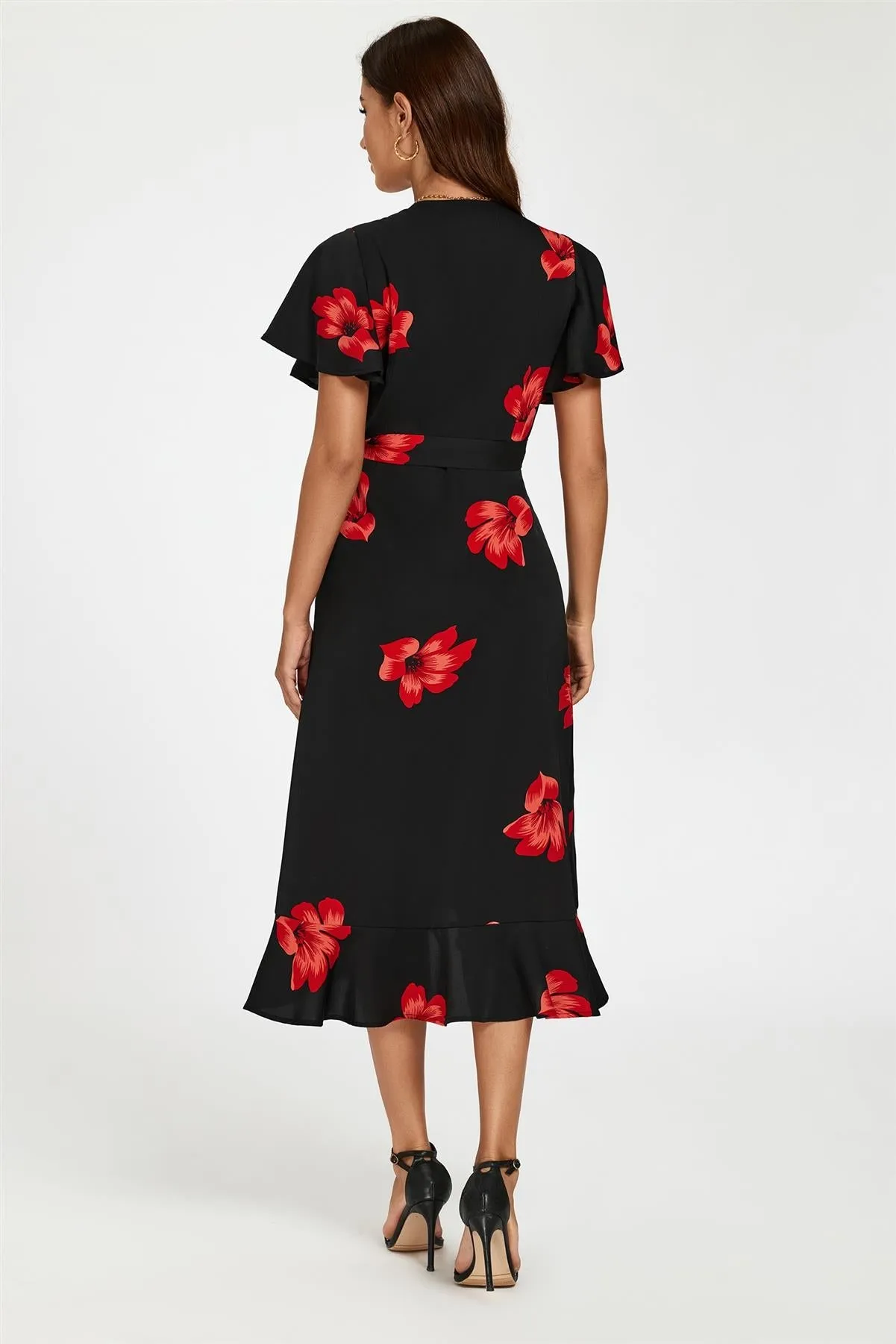 Floral Print Angel Sleeve Wrap Dress In Black by FS Collection sold by Goddiva product image thumbnail 4