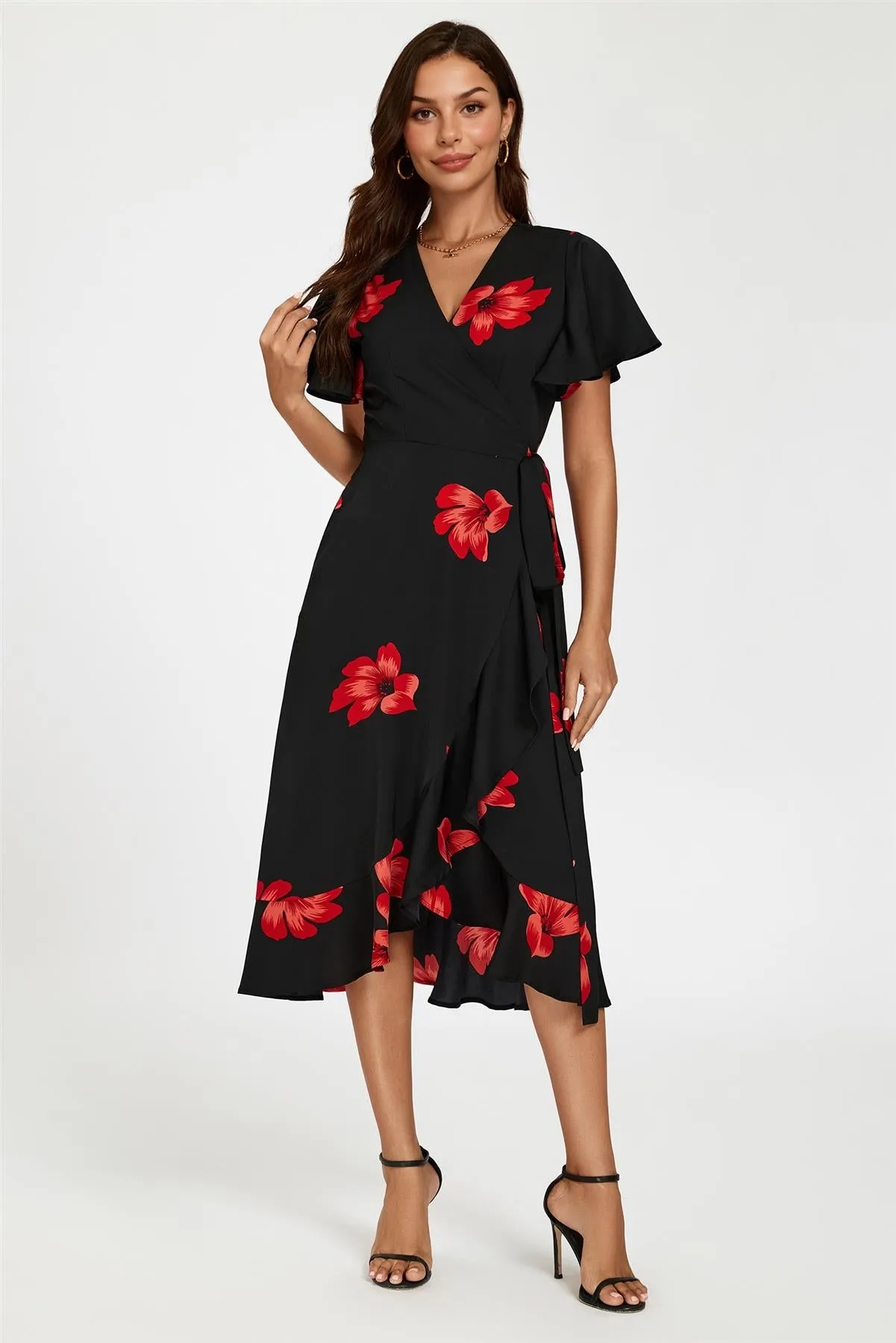 Floral Print Angel Sleeve Wrap Dress In Black by FS Collection sold by Goddiva