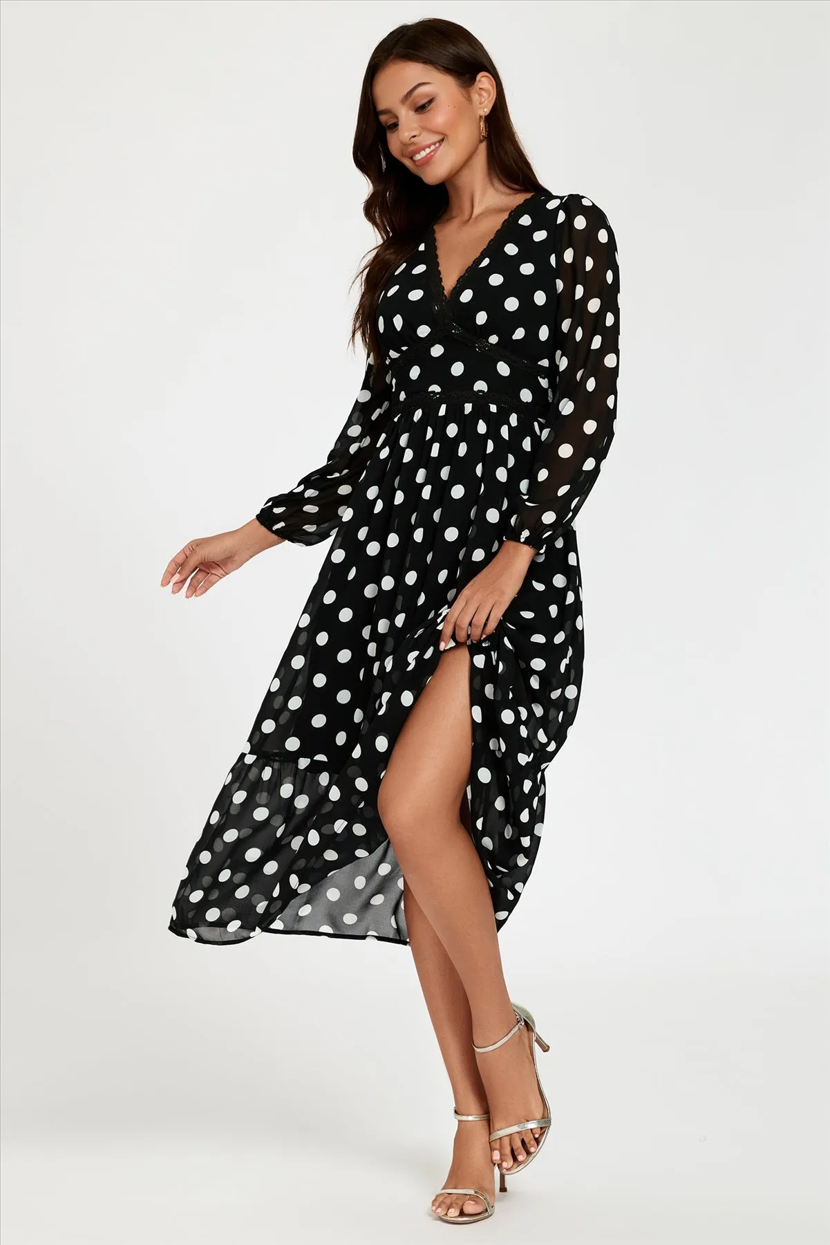 Dot Print Lace Trim Long Sleeve Maxi Dress In Black by FS Collection sold by Goddiva product image thumbnail 4