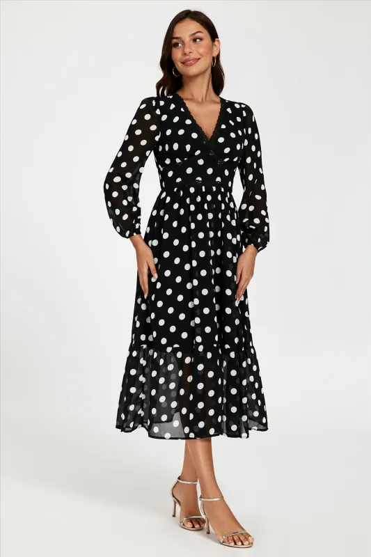 Dot Print Lace Trim Long Sleeve Maxi Dress In Black by FS Collection sold by Goddiva