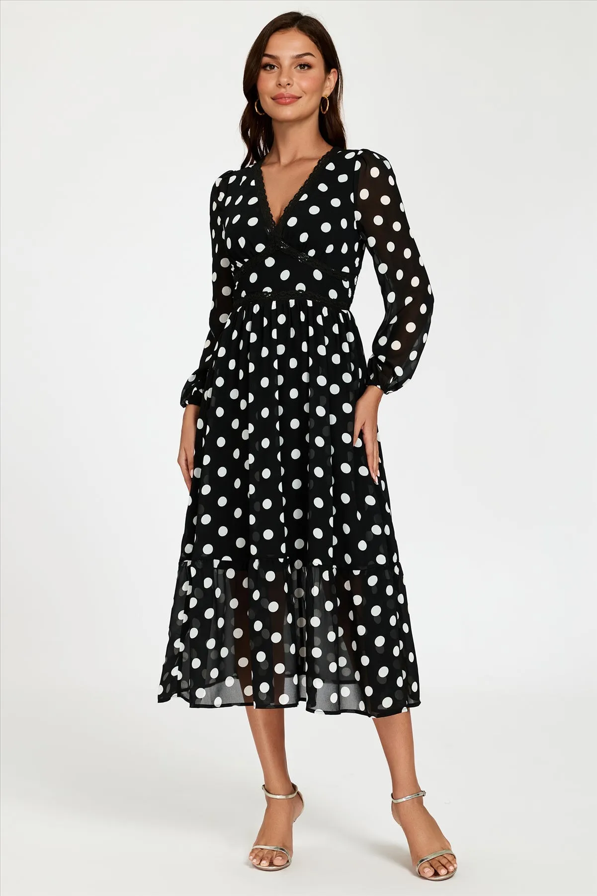 Dot Print Lace Trim Long Sleeve Maxi Dress In Black by FS Collection sold by Goddiva product image thumbnail 5