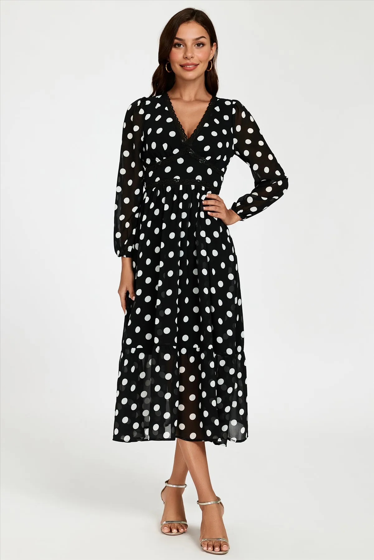 Dot Print Lace Trim Long Sleeve Maxi Dress In Black by FS Collection sold by Goddiva product image thumbnail 2