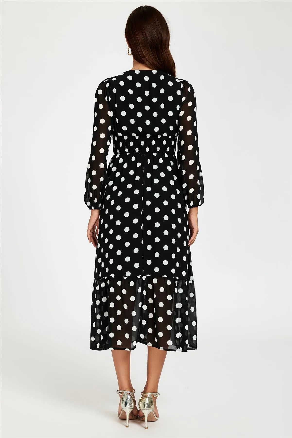 Dot Print Lace Trim Long Sleeve Maxi Dress In Black by FS Collection sold by Goddiva product image thumbnail 3