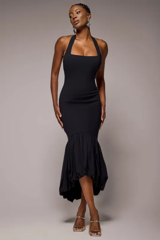 Halter Neck Puff Hem Mermaid Midaxi Dress - Black by Goddiva sold by Goddiva