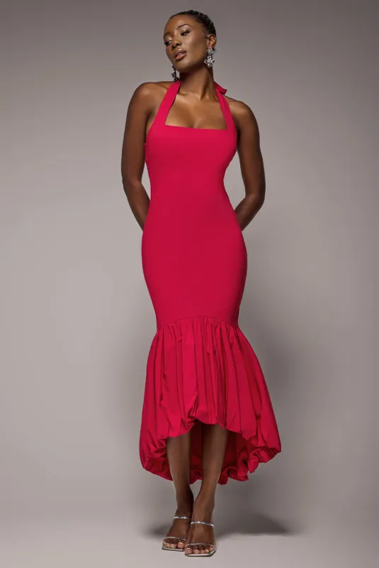 Halter Neck Puff Hem Mermaid Midaxi Dress - Red by Goddiva made by Goddiva
