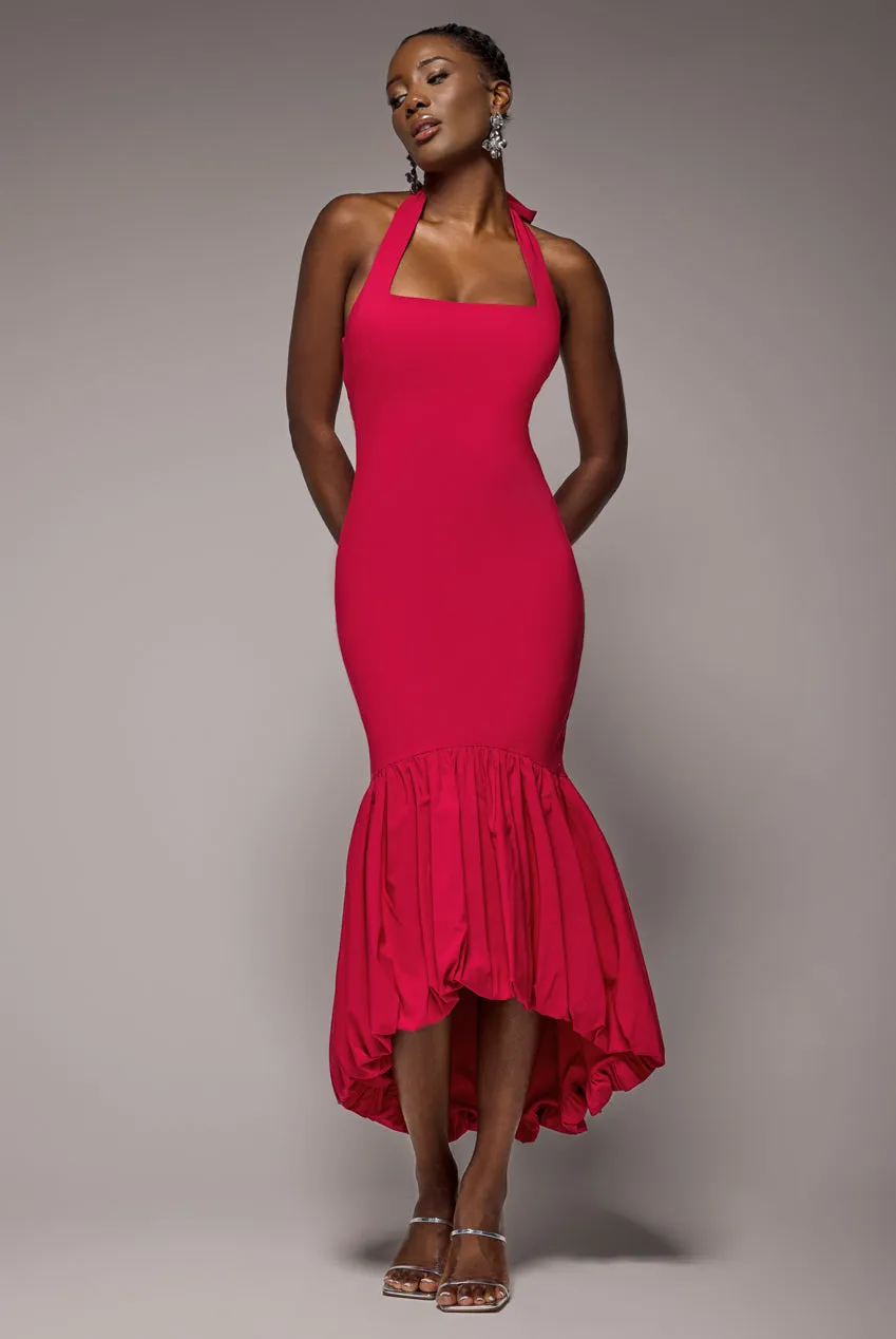 Halter Neck Puff Hem Mermaid Midaxi Dress - Red by Goddiva sold by Goddiva