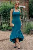 Halter Neck Puff Hem Mermaid Midaxi Dress - Emerald Green by Goddiva sold by Goddiva