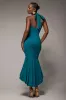 Halter Neck Puff Hem Mermaid Midaxi Dress - Emerald Green by Goddiva sold by Goddiva