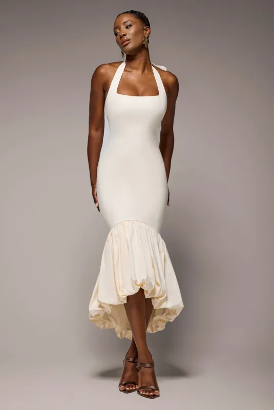 Halter Neck Puff Hem Mermaid Midaxi Dress - Cream by Goddiva sold by Goddiva