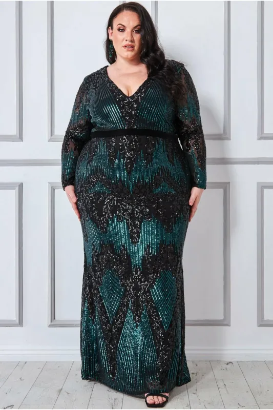 Long Sleeve Sequin Evening Maxi - Emerald by Goddiva Plus sold by Goddiva