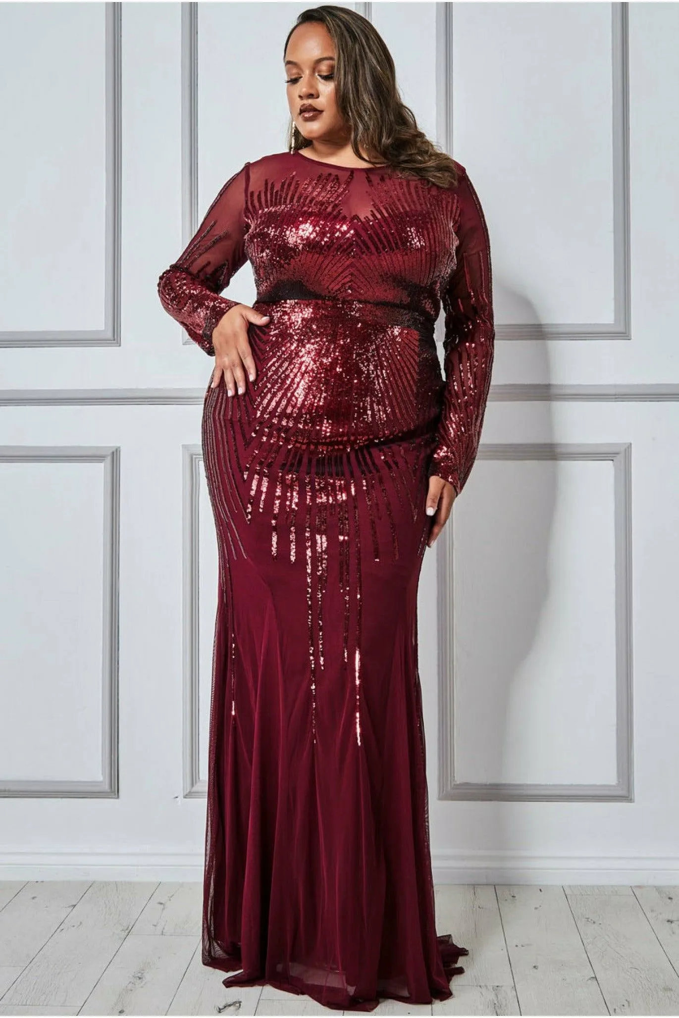 Shooting Star Sequin Maxi Dress - Wine by Goddiva Plus sold by Goddiva