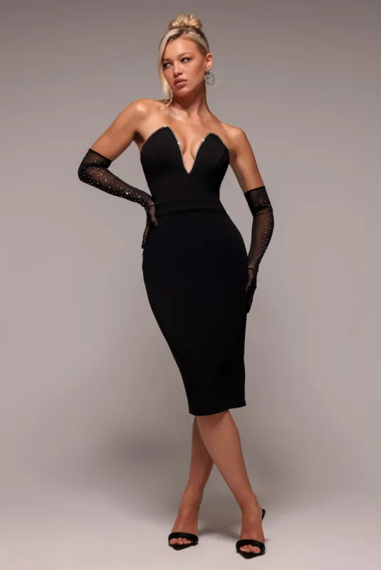 Strapless Super Plunge Diamante Neck Midi Dress - Black by Goddiva sold by Goddiva