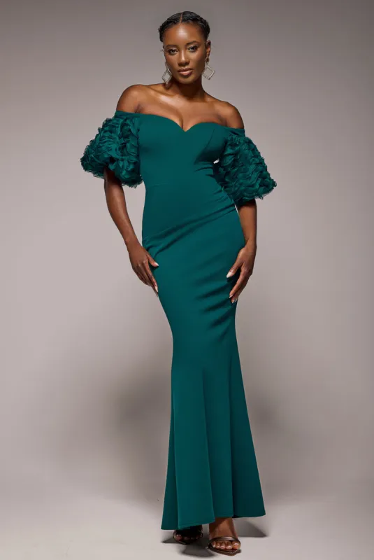 Off The Shoulder 3D Puffed Sleeve Sweetheart Maxi Dress - Emerald Green by Goddiva sold by Goddiva