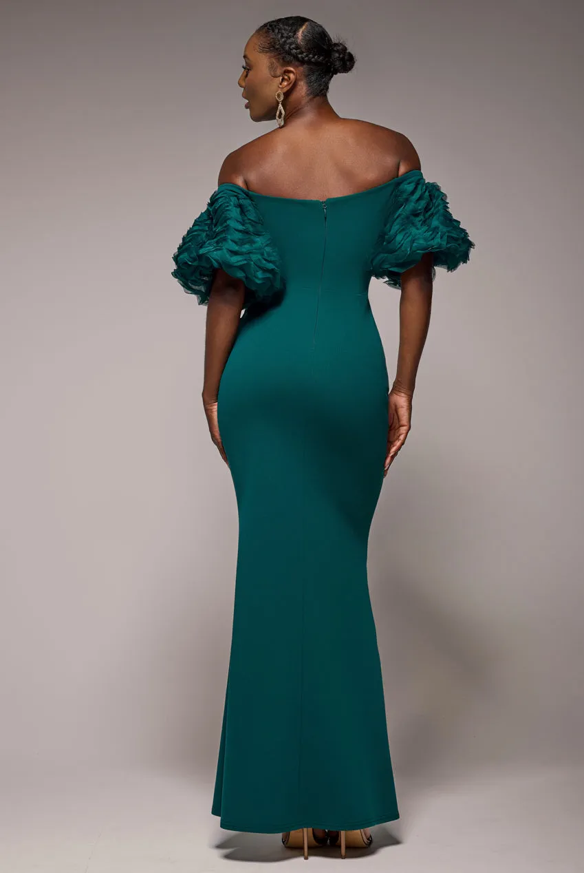Off The Shoulder 3D Puffed Sleeve Sweetheart Maxi Dress - Emerald Green by Goddiva sold by Goddiva product image thumbnail 2