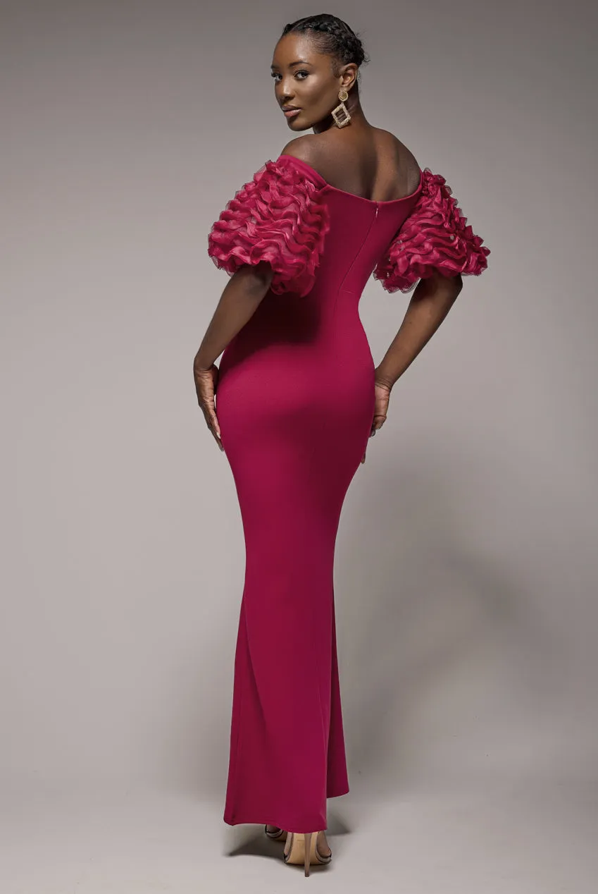 Off The Shoulder 3D Puffed Sleeve Sweetheart Maxi Dress - Burgundy by Goddiva sold by Goddiva product image thumbnail 2