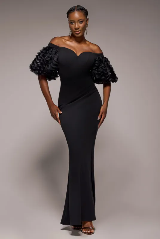 Off The Shoulder 3D Puffed Sleeve Sweetheart Maxi Dress - Black by Goddiva sold by Goddiva