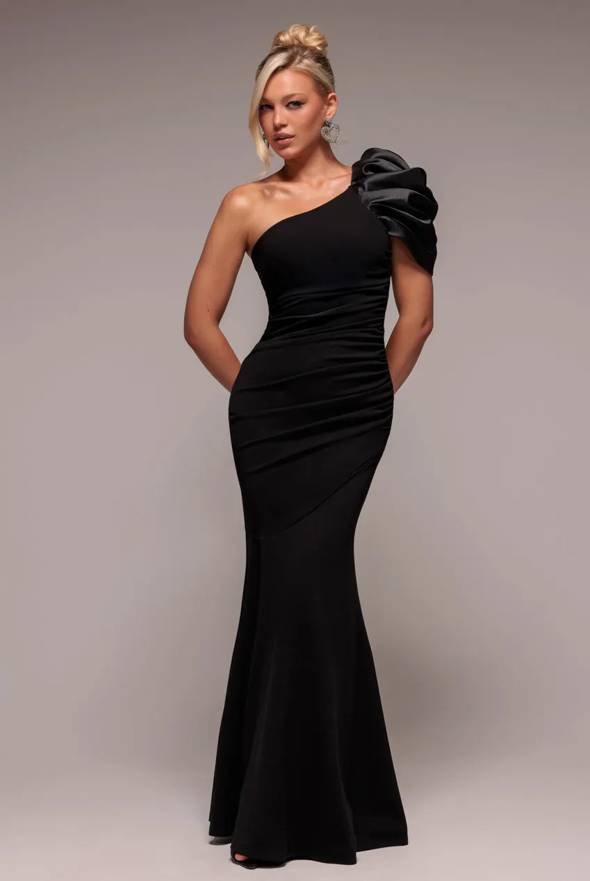 One Shoulder Puffed Satin Sleeve Evening Maxi Dress - Black by Goddiva sold by Goddiva