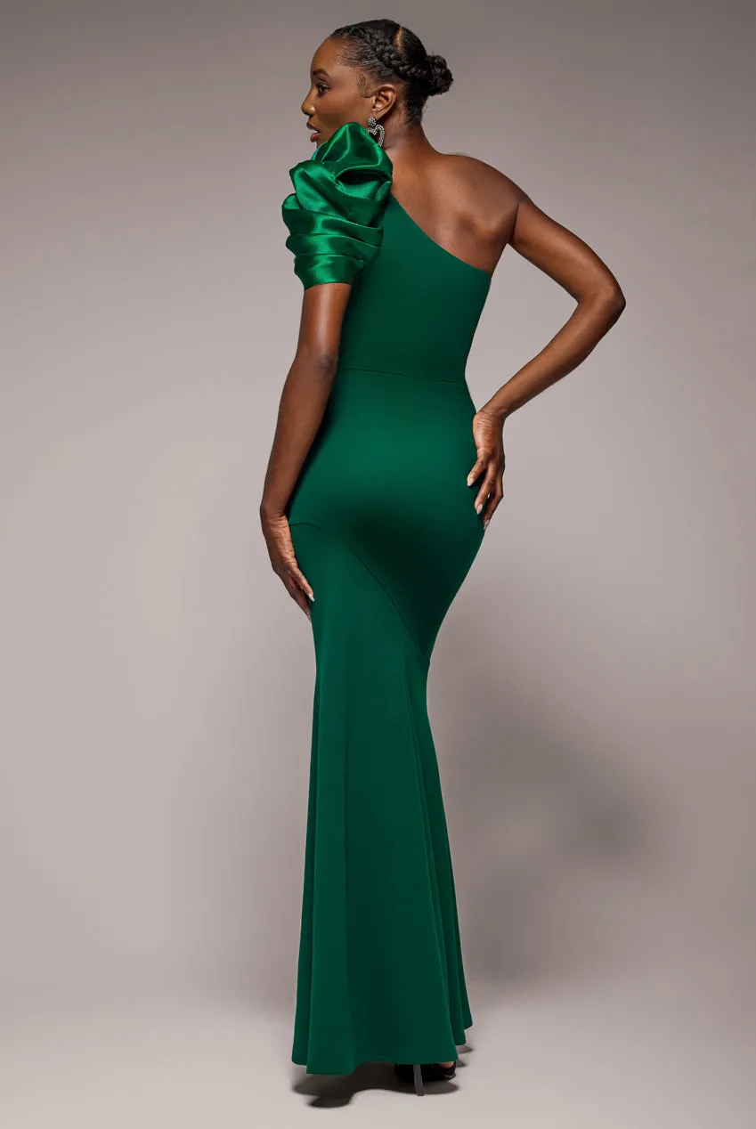 One Shoulder Puffed Satin Sleeve Evening Maxi Dress - Emerald Green by Goddiva sold by Goddiva product image thumbnail 2