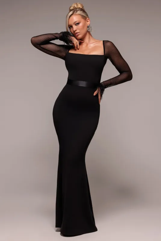 Dobby Mesh Feather Sleeve Evening Maxi Dress - Black by Goddiva sold by Goddiva