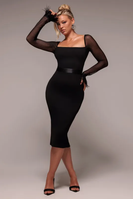 Dobby Mesh Feather Sleeve Bodycon Midi Dress - Black by Goddiva sold by Goddiva