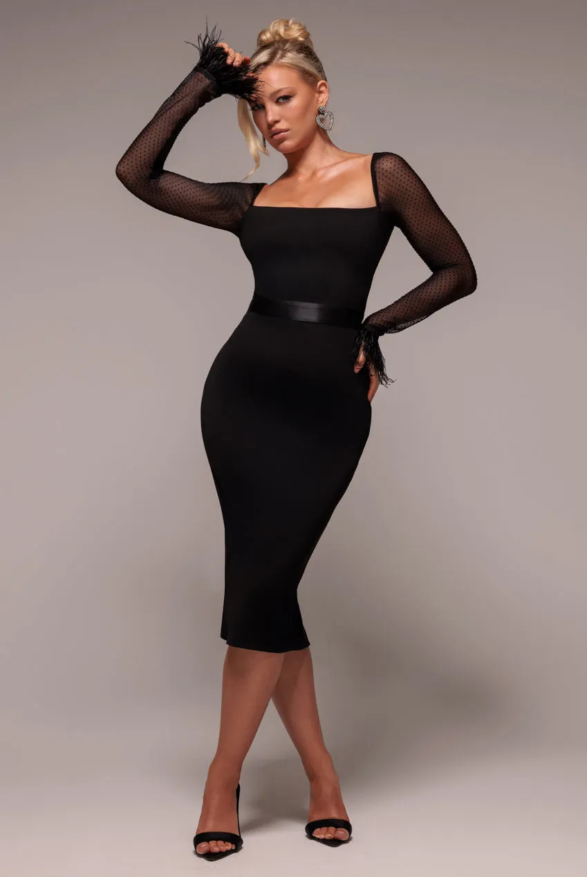 Dobby Mesh Feather Sleeve Bodycon Midi Dress - Black by Goddiva sold by Goddiva