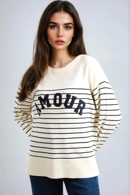 Ivory 'Amour' Stripe Jumper by Aftershock London sold by Goddiva