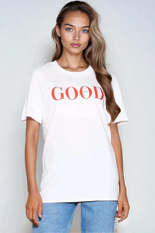 White Good Vibes Printed Cotton T-Shirt by Aftershock London sold by Goddiva